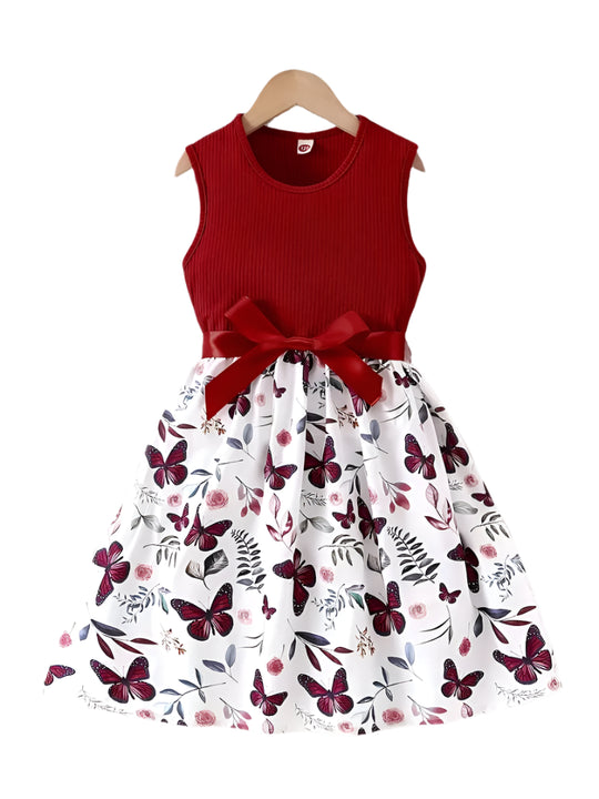 Girl Sweet butterfly print sewn sleeveless dress with bow belt, holiday/casual outing, summer gift
