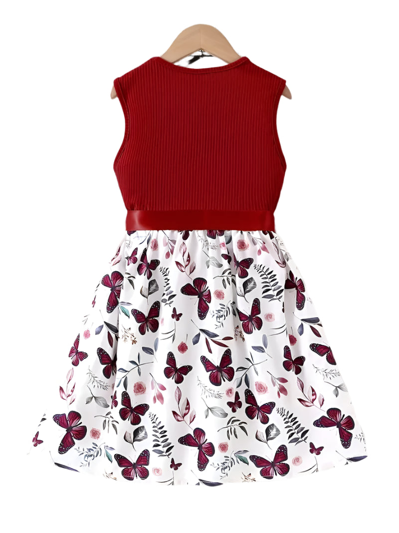 Girl Sweet butterfly print sewn sleeveless dress with bow belt, holiday/casual outing, summer gift